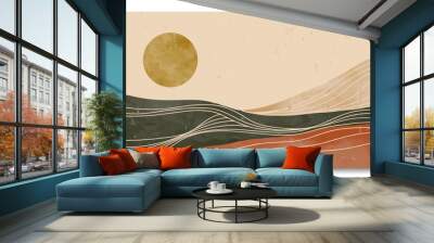 Mountain landscape watercolor painting. Mid Century Modern Art. Natural abstract landscape background. with mountains, hills, forest and sunset. vector illustration Wall mural