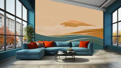 Natural mountain landscape. Hand painted illustrations of Mid century modern art. Abstract contemporary aesthetic backgrounds landscapes. with mountains, hill and golden line art Wall mural