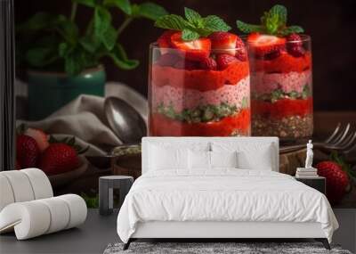 A refreshing and nutritious strawberry chia parfait, layered with fresh strawberries and vibrant green mint leaves, presented in a clear glass against a rustic backdrop Wall mural