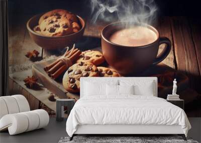 A rustic wooden table with a steaming mug of hot chocolate and a plate of freshly baked chocolate chip cookies Wall mural