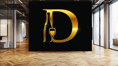 Golden Glass and Wine Bottle Monogram Letter F, D and E Logo Sign Wall mural