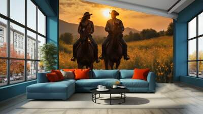 A romantic scene of a man and woman riding on horseback, their hair blowing in the wind as they traverse a rugged mountain trail at sunset. Wall mural