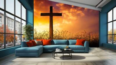 Cross behind the ears at sunset. Ascension day concept. Wall mural