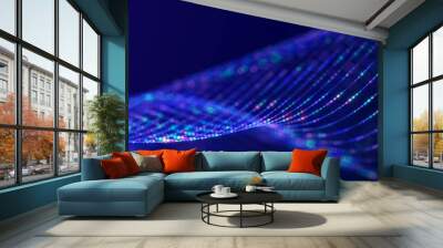 Particle stream. Purple background with many glowing particles. Information technology background. 3d rendering. Wall mural