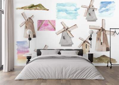 vintage watercolor  illustration with windmill on white background Wall mural