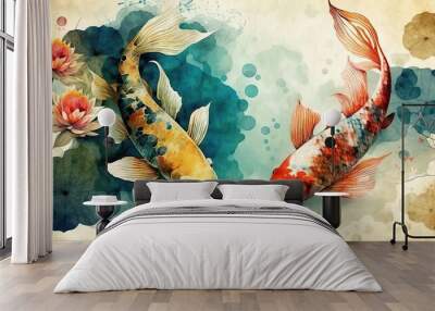 4K resolution or higher, koi fish decorate in water color texture. Generative AI Technology Wall mural