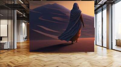 back shot,realism, a woman walking medjai the desert, wrapped in thick cloth, face covered, alone, hot, sunlight. Generative AI Technology	 Wall mural