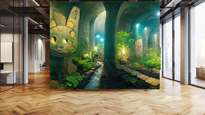 green forest in the tunnel. Generative AI Technology Wall mural