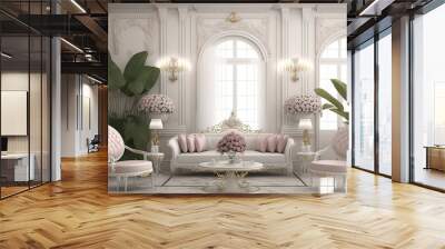 Luxurious wedding hall session in classic white colors, banana leaves, pink roses, wall lamps, table, sofa . Generative AI Technology Wall mural