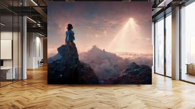 person on the top of the mountain. Generative AI Technology Wall mural