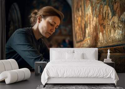 A woman art restorer woman delicately cleaning and repairing an ancient mural inside a medieval cathedral - ai generative Wall mural