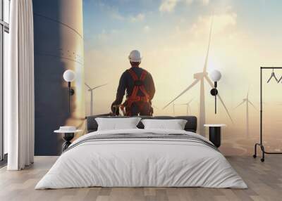 A worker standing above a wind turbine in a harness looks at the view - ai generative Wall mural