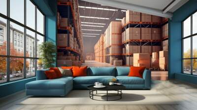 Large industrial warehouse with shelves full of goods - AI generative Wall mural