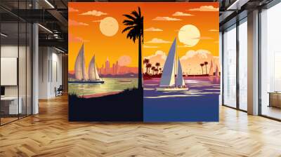 Set of bay landscape at sunset vector illustration Wall mural