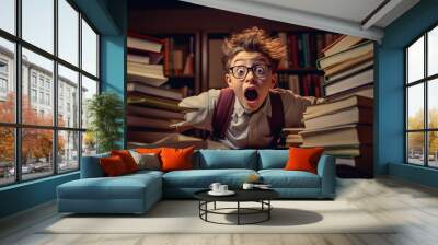 Student boy surrounded by books prepares for exams and has a funny stressed and desperate look Wall mural