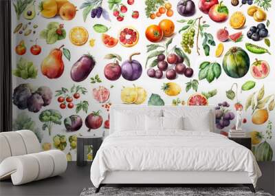 Watercolor illustration of a collection of fruit and vegetables on a white background - AI generative Wall mural