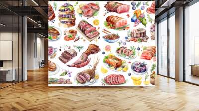 Watercolor illustration of meat dishes on a white background - AI generative Wall mural