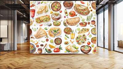 Watercolor illustration of mexican dishes collection on white background - AI generative Wall mural