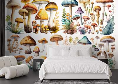 Watercolor illustration of mushrooms collection on white background - AI generative Wall mural