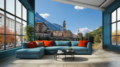 View of the Stone Bell Tower of the Church of Cogne in Aosta - Italy Wall mural