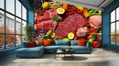 different type of meats laying in supermarket, different vegetables and fruits around them, look from above Wall mural