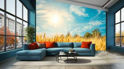 Growing wheat with sunlight and blue sky in the morning, Generative AI, Wall mural