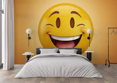 illustration of a smiling round emoji face, yellow face smiling Wall mural