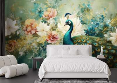 modern interior mural painting wall art decor abstraction wallpaper with white, dark green and golden tropical palm leaf branches and flowers with feathers peacock bird Wall mural