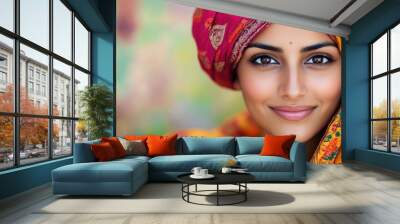 Portrait of a beautiful Indian woman in a vibrant turban exuding tranquility and pride. This image captures the essence of beauty and cultural richness, with ample copy space. Wall mural