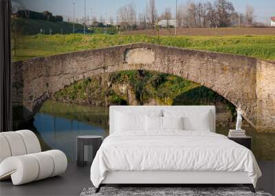 Antique pedestrian bridge, called Ponte della Bionda, on the Navile canal: historic waterway of Bologna. Emilia Romagna, Italy Wall mural