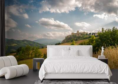 Rural landscape with the castle of Bardi. Parma province, Emilia and Romagna, Italy. Wall mural