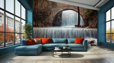 The historical stone arched bridge of Palaiokarya with its two artificial waterfalls,  creates a magnificent, inspiring image. Wall mural