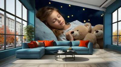 Sweet dreams: little blonde girl sleeping in bed with her teddy bears with a dark blue starry sky in the background  Wall mural