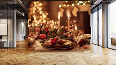 Beautiful table in an evening, chic and with Christmas decorations. Wall mural