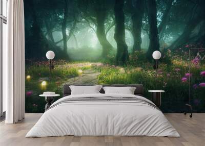 Image of a magical forest, with tall trees and beautiful flowers. Wall mural