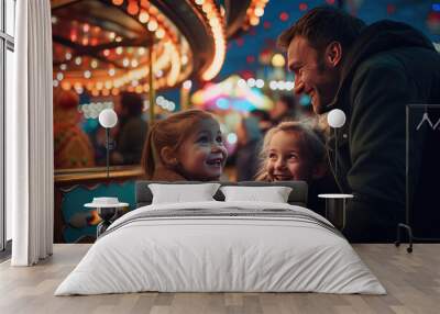 Parents and children playing in the amusement park at night with everything illuminated and colorful. Wall mural