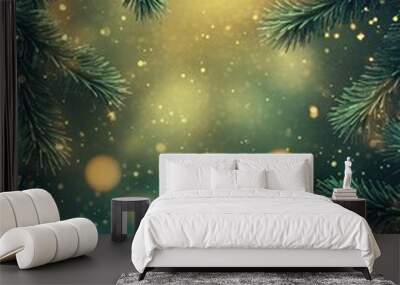 2D cartoon illustration of Christmas and New Year theme featuring fir tree branches framing a blurred background adorned with stars snowflakes and bokeh effects Wall mural