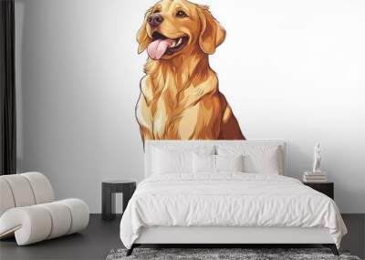 A cartoon drawing of a golden retriever sitting with its tongue out gazing upwards The dog features a brown body set against a white background Wall mural