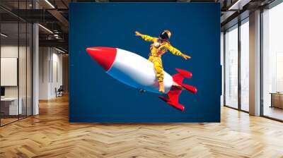 Astronaut sitting on a flying missile, 3D illustration Wall mural