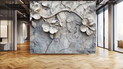 Floral bas relief design on a textured cracked wall surface Wall mural