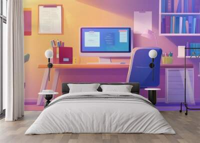 Home study concept featuring online classes and self learning in a 2D cartoon illustration Wall mural