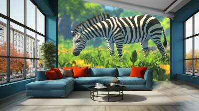 Striking image of a Grant s zebra grazing on lush grasslands showcasing its distinctive black and white stripes and natural habitat Wall mural