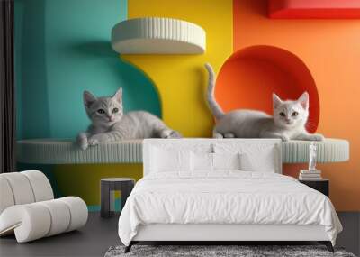 Two playful kittens lounging on a stylish modern cat climbing wall contemporary pet furniture design Wall mural