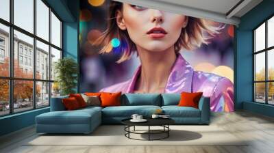 Urban Glow: Fashionable Woman in Holographic Jacket Wall mural