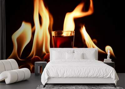 shot of cognac drink with fire in the background glass of red wine Wall mural