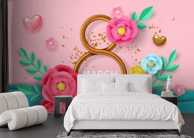 8 March International women's day banner template for social media advertising, invitation or poster design with paper art cut flowers. Wall mural