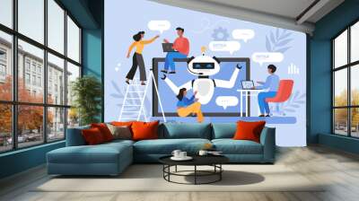 Artificial intelligence chat service business concept. Modern vector illustration of people using AI technology and talking to chatbot on website Wall mural