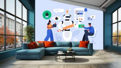 Artificial intelligence tool creating artwork and image business concept. Modern vector illustration of people using AI technology for web desihnand digital marketing Wall mural