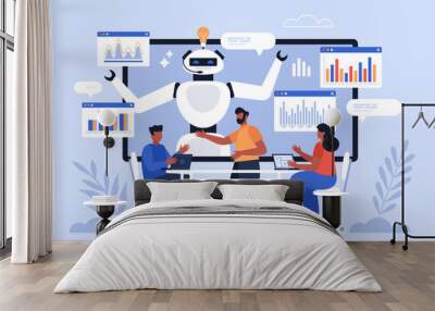 Artificial intelligence tool for future trends analysis business concept. Modern vector illustration of people using AI technology for machine learning and improvement Wall mural