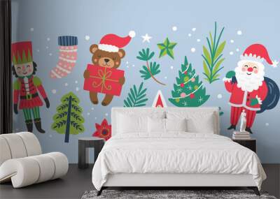 Christmas holiday cute element set. Childish print for greeting cards, stickers and party invitations. Vector illustration Wall mural